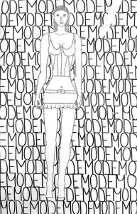 Typografisches Kunstwerk mit dem Wort „MODE“ und einer stilisierten Figur im Zentrum.