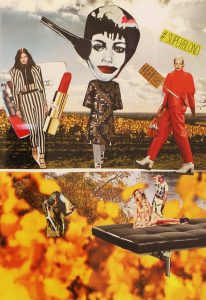 Künstlerische Collage mit Models und Kosmetik vor Kitzinger Weinbergkulisse.