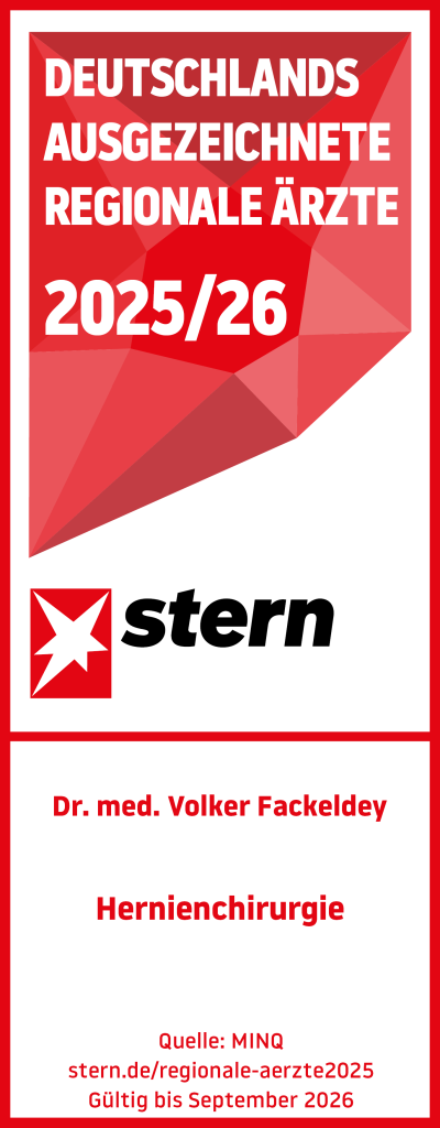Siegel mit der Aufschrift Deutschlands ausgezeichnete Regionale Ärzte 2025/26 von Stern, Dr. med. Volker Fackeldey, Hernienchirurgie.