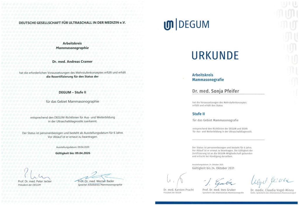 Zeritifikate des Arbeitskreises Mammasonografie für Dr. Andreas Cramer und Dr. Sonja Pfeifer.